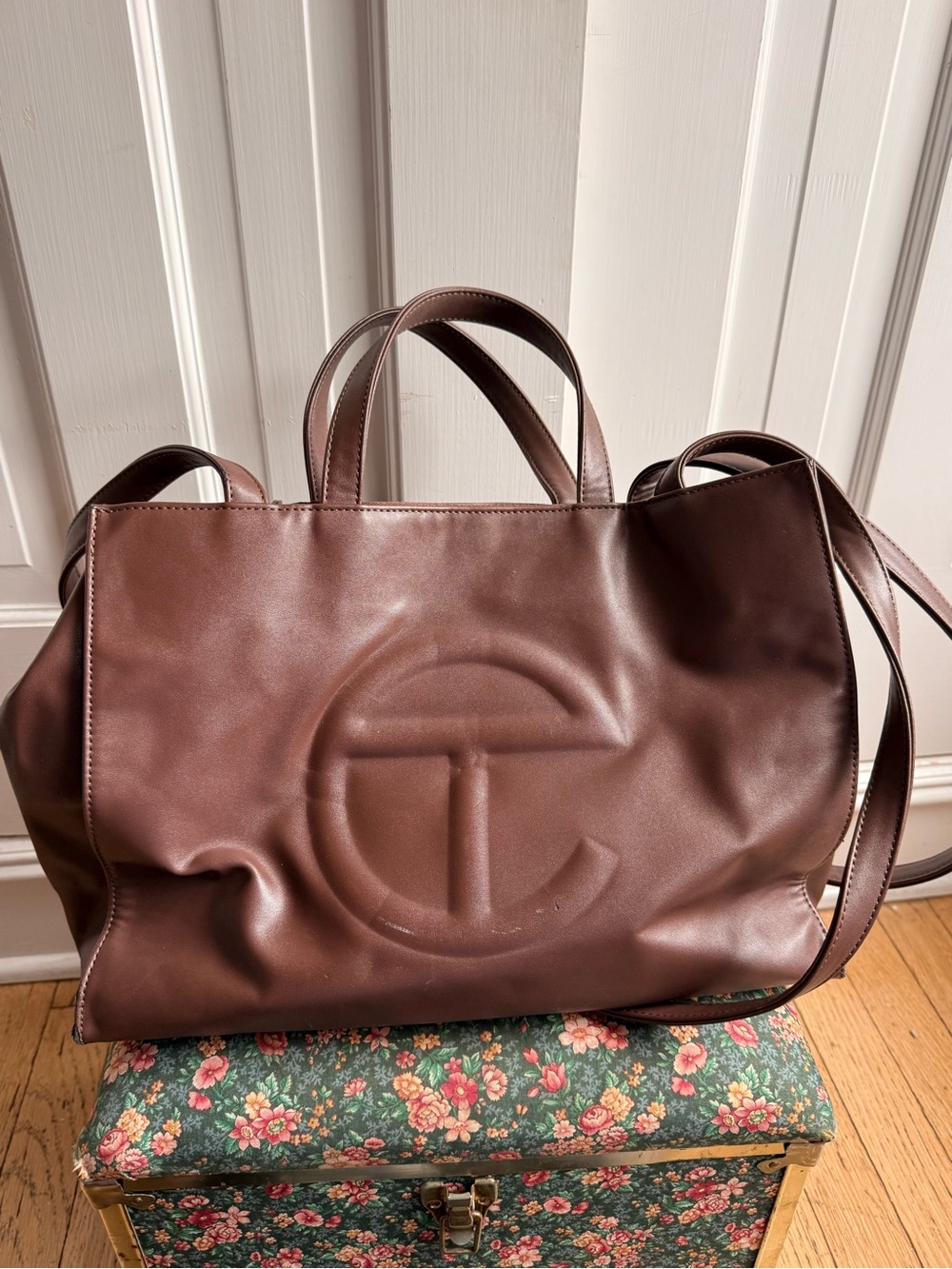 Telfar Brown Leather Shoulder Tote with Embossed Logo